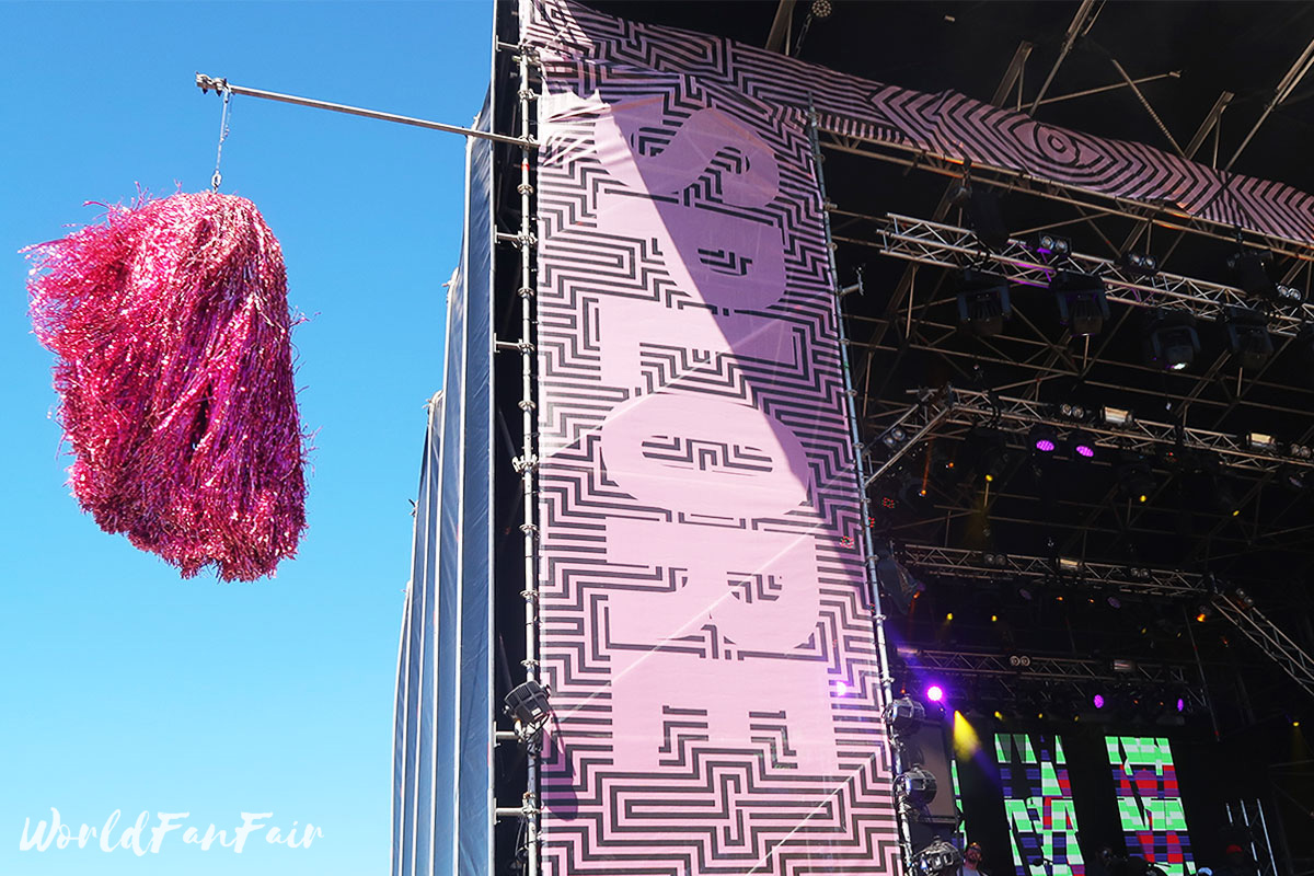 Splore's pink tinsle tassle sparkling in the wind