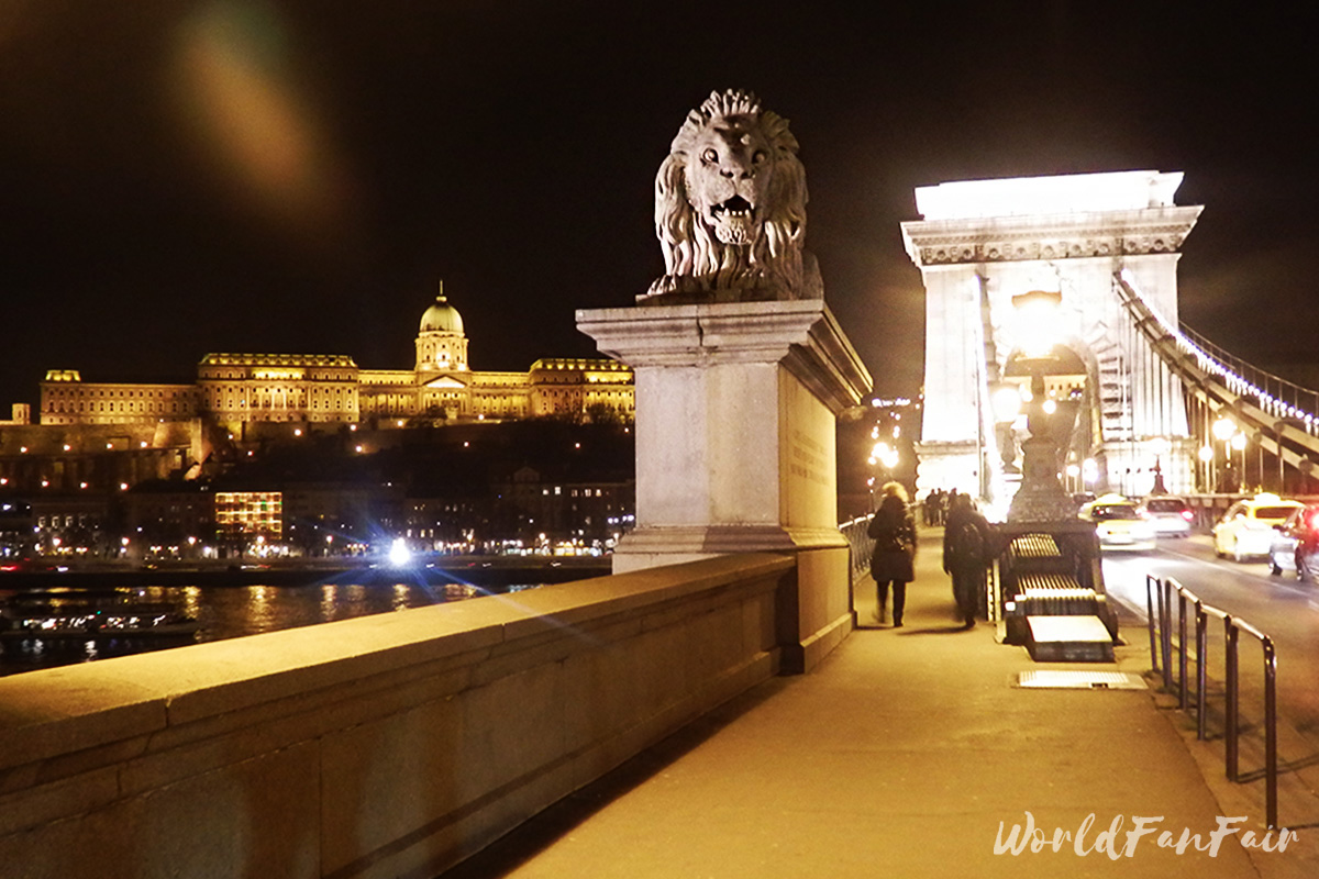 Budapest's Chain Bridge, Lion statue, and Buda Castle at night